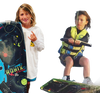 a child holding a wake board and a child on a wake board