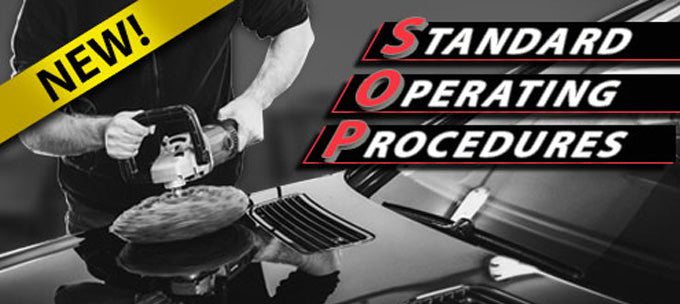 a person using a machine to polish a car, text in image: NEW! STANDARD OPERATING PROCEDURES